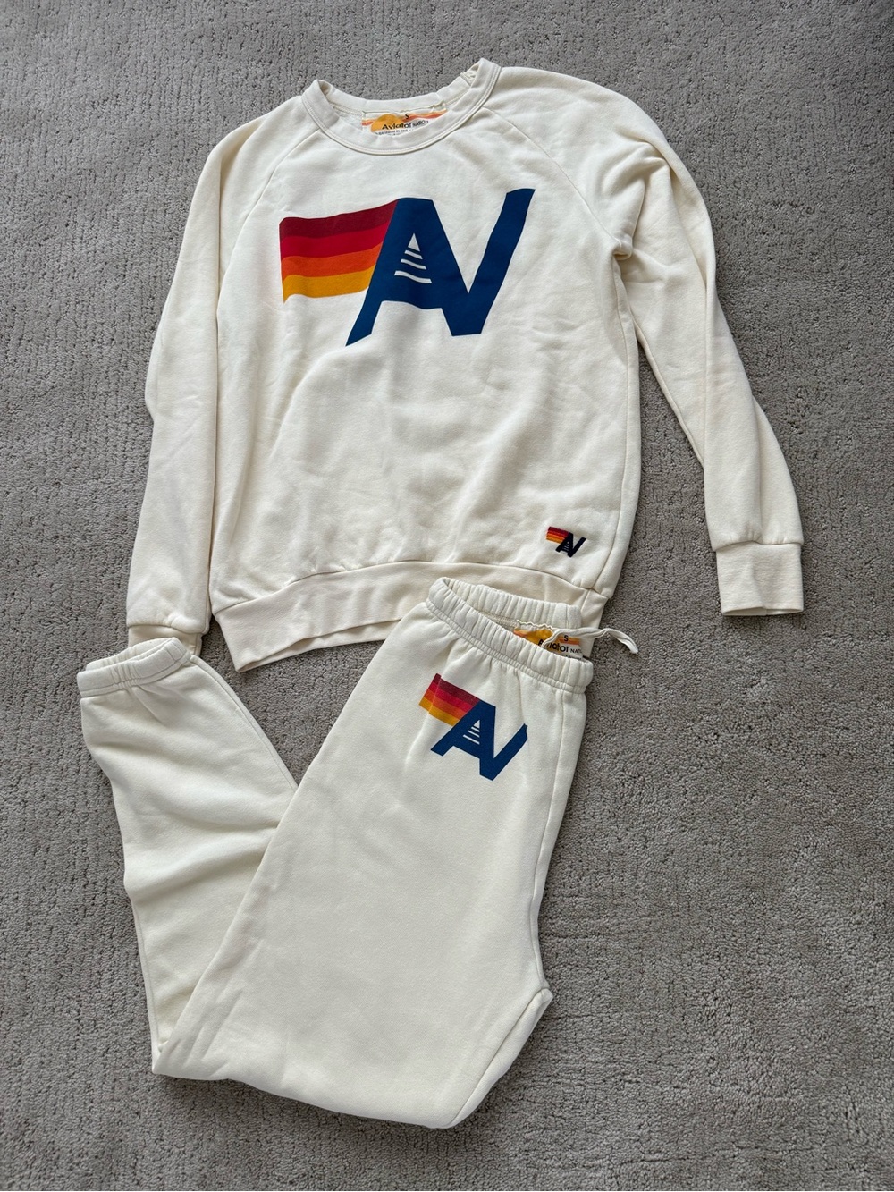 Aviator Nation Small Cream Sweatpants with Retro Stripe Logo